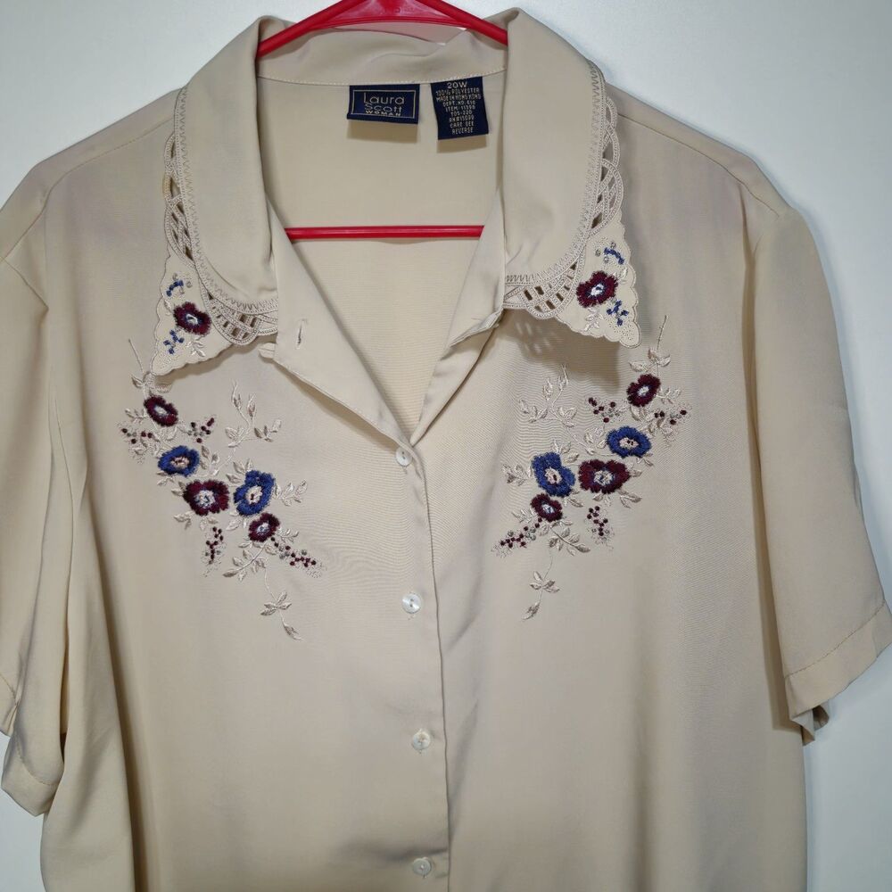 Vintage Laura Scott Blouse 20W Embroidered Floral Button Front Beige Top - Picture 3 of 9